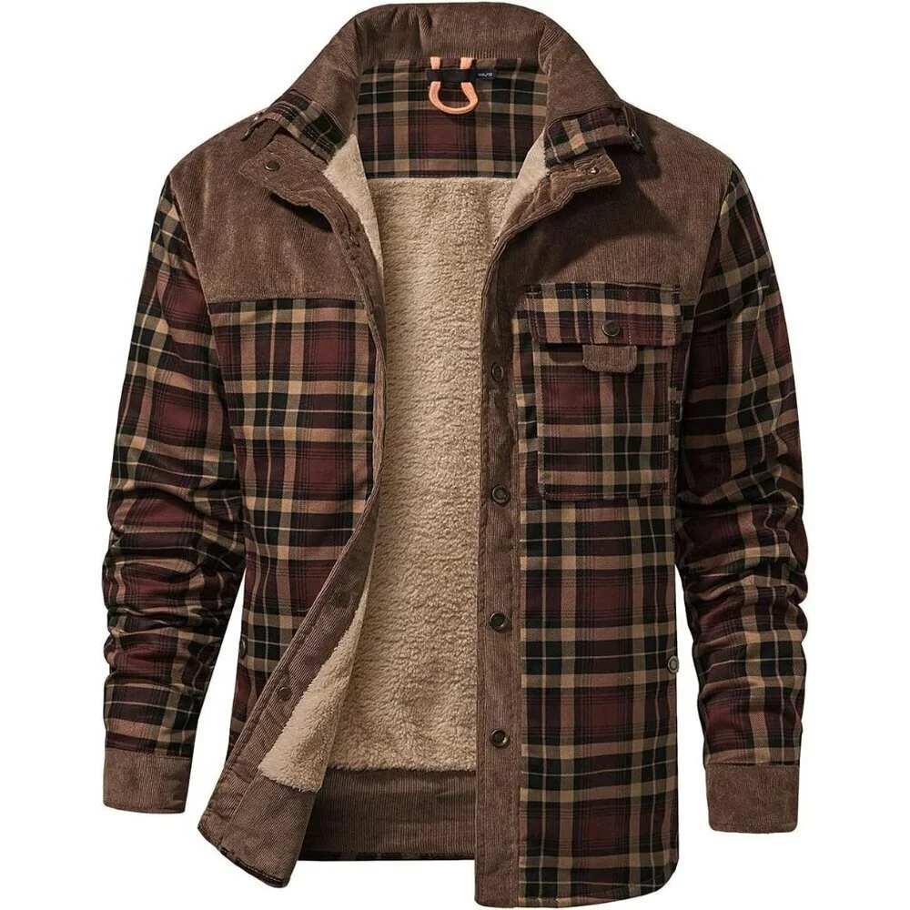 Men's Coffee Long Sleeve Sherpa Lined Flannel Shirt Jacket Fleeces